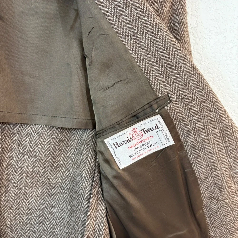 Vintage 70s Harris Tweed Blazer 44 Brown Herringbone Wool Sport Coat Heritage